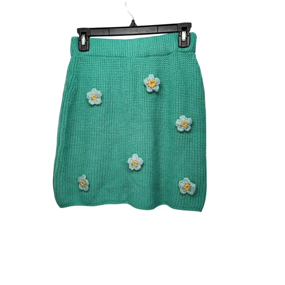 BaeVely‎ Teal Knit Crochet Flower Applique Preppy Boho Mini Skirt Women's L